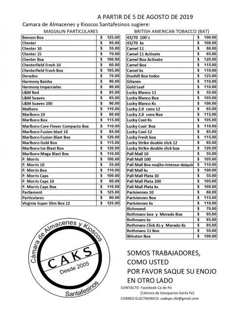 La lista actualizada de precios de cigarrillos en kioscos Cámara de Kiosqueros Santa Fe.