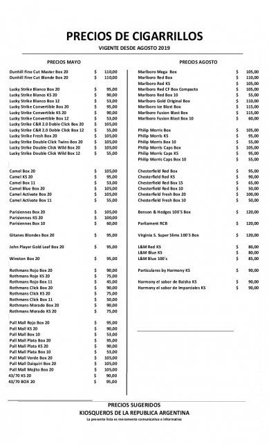 La lista actulizada de precios de cigarrillos desde 5 de agosto.