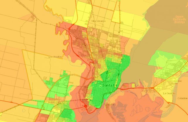 La ciudad de Santa Fe según el mapa interactivo elaborado por el Conicet.