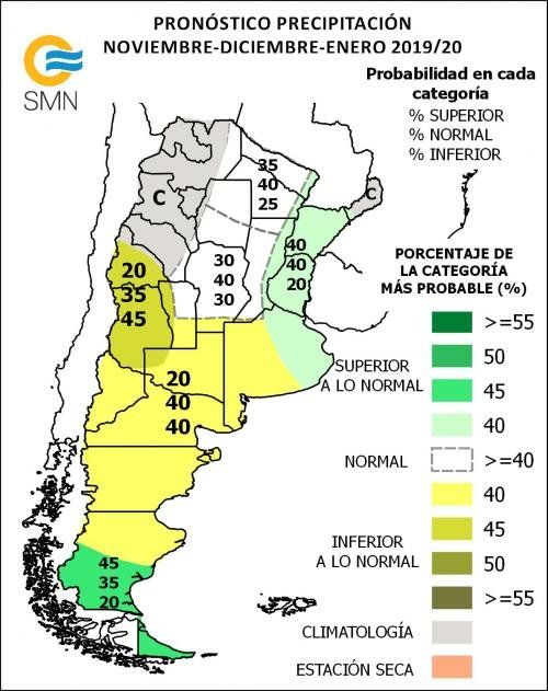 El pronóstico trimestral de lluvias del SMN para las distintas provinica. 