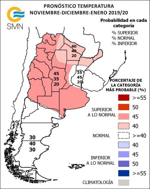 El pronóstico trimestral de temperaturas del SMN para las distintas provinica. 