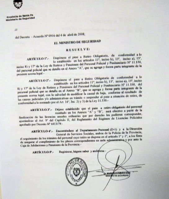 La resolución del ministerio de Seguridad.