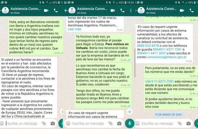 Algunos de los mensajes que el santafesino cruz&oacute; con la l&iacute;nea de asistencia que dispuso el consulado argentino en Barcelona.