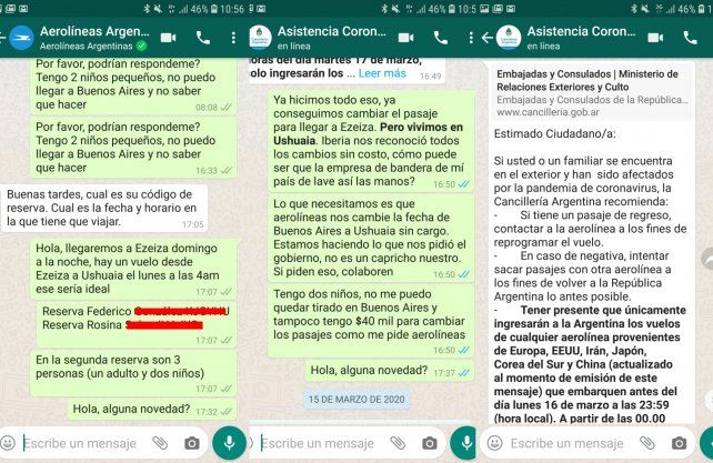 Los mensajes con el n&uacute;mero de contacto dispuesto por Aerol&iacute;neas y los reclamos al consulado.