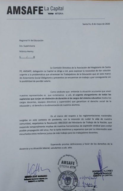 pedido presentado por los delegados de Amsaf&eacute; La Capital en la Regi&oacute;n VI de educaci&oacute;n.