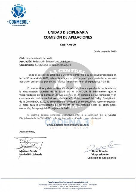 Conmebol ampli&oacute; la fecha para que Independiente del Valle responda a la apelaci&oacute;n hecha por Col&oacute;n en torno a la mala inclusi&oacute;n de Jorge Pinos