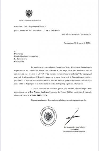 Decreto ciudad de Reconquista hoteles para m&eacute;dicos afectados por Covid-19