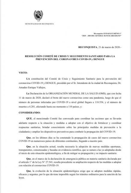 Decreto nuevas medidas en Reconquista. 