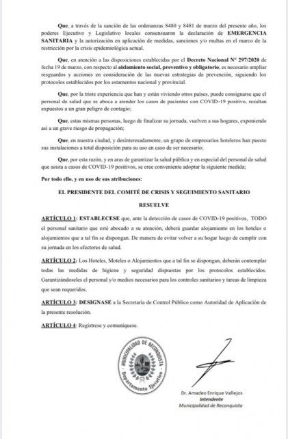 Decreto nuevas medidas en Reconquista. 