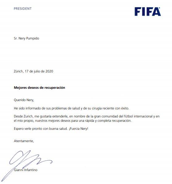 La carta enviada por Gianni Infantino, presidente de FIFA. 