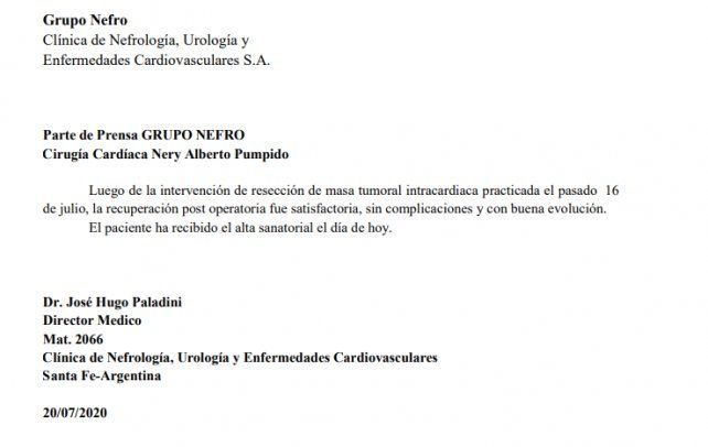El parte m&eacute;dico del Grupo NEFRO sobre el estado de salud de Nery Pumpido.