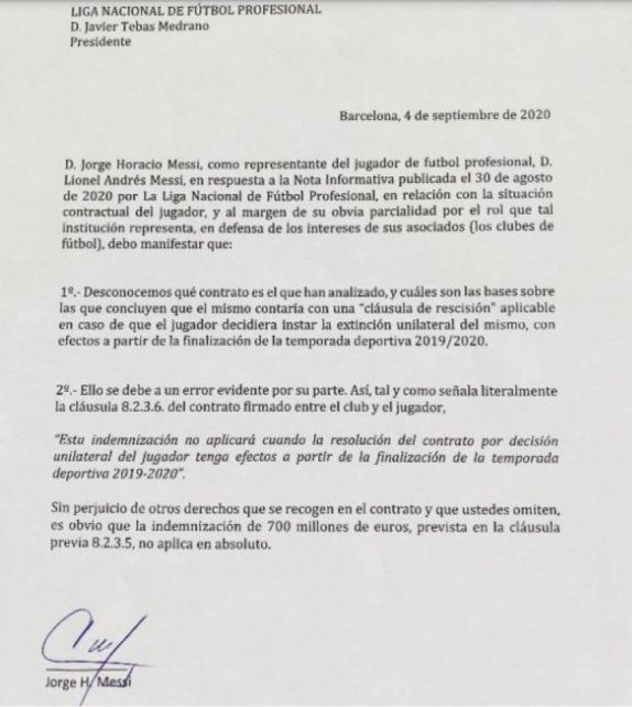 El comunicado oficial que hizo p&uacute;blico el padre de Lionel Messi.