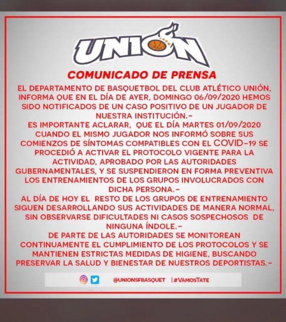 El departamento de b&aacute;squet de Uni&oacute;n hizo oficial el positivo de coronavirus.