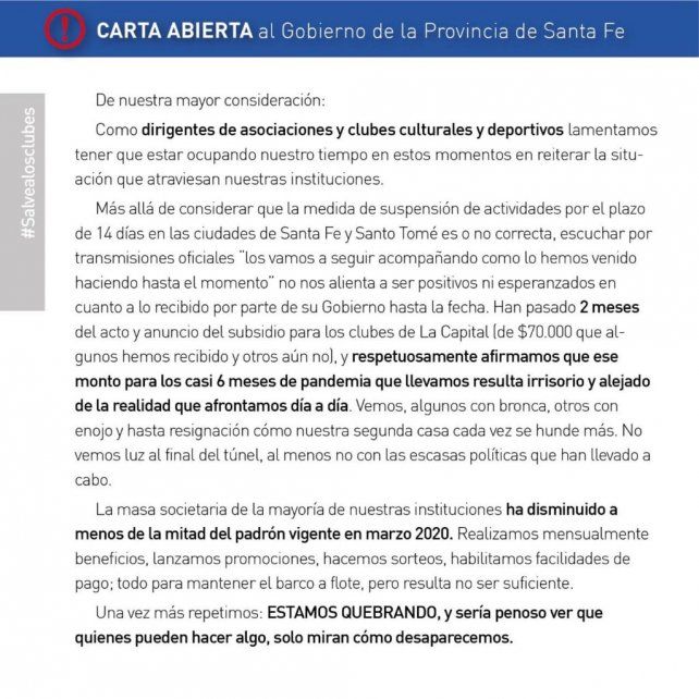 Desesperada carta de los clubes locales al Gobierno de Santa Fe