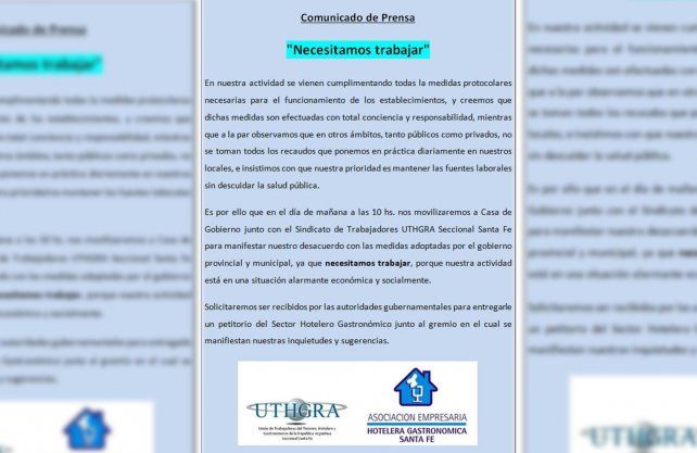 Comunicado de prensa. Gastron&oacute;micos y empleados del sector se movilizan a Casa de Gobierno