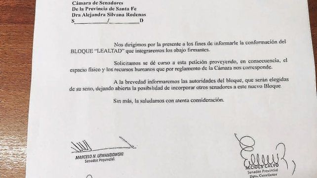 La nota que enviaron los senadores Lewandowsky, Calvo, Castelló y Kaufmann anunciando la creación del bloque Lealtad.