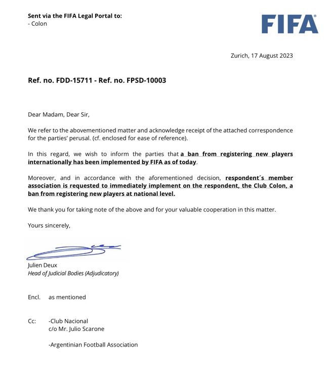 El comunicado de la FIFA inhibiendo a Colón por la deuda con Nacional en el préstamo de Carlos Arrúa.