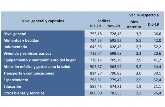 Índice de precio al consumidor de diciembre 2.020 (Fuente Ipec)
