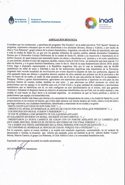 La denuncia completa presentada en el Inadi por Octavio Ritvo.