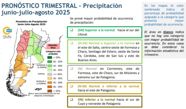 Pron&oacute;stico de precipitaciones para el trimestre junio-julio-agosto. (SMN)