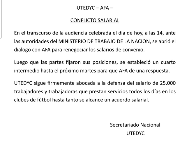 El comunicado de Utedyc, tras levantarse la medida de fuerza para que se juegue el desempate entre Col&oacute;n y Gimnasia.