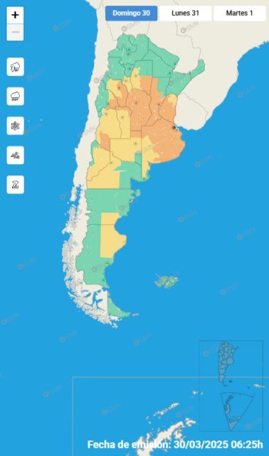 Mapas de alerta vigente según el Servicio Meteorológico nacional