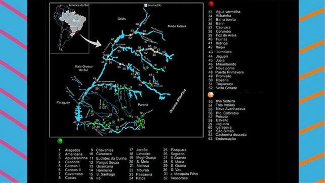 Río Paraná. Áreas marcadas en rojo: a) embalse de Itaipú (Río Paraná) y b) embalses que se encuentran en el Río Iguazú. Gentileza del entrevistado.