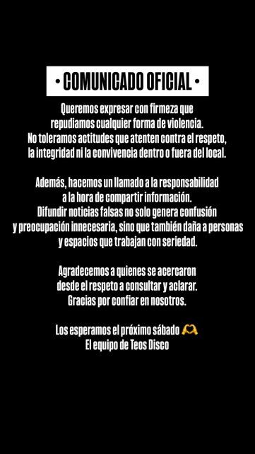 El comunicado del boliche Teos de la ciudad de Esperanza.