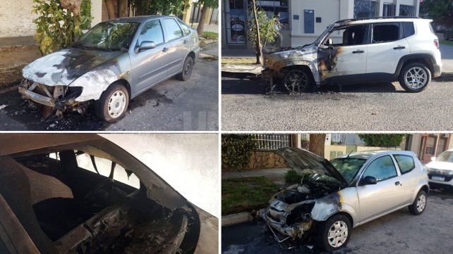 Quemacoches. Cuatro de los automóviles incendiados de manera intencional durante la madrugada del miércoles en la ciudad de Santa Fe.