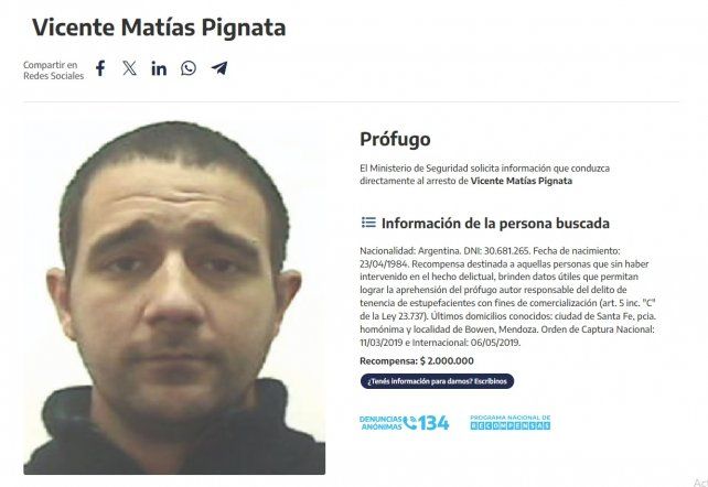 Programa de recompensa de Nación sobre Matías Pignata, prófugo de 2019.