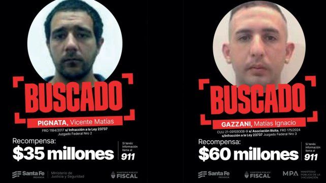 Vicente Matías Pignata, recompensa de 35 millones de pesos y Matías Ignacio Gazzani, recompensa de $60 millones 