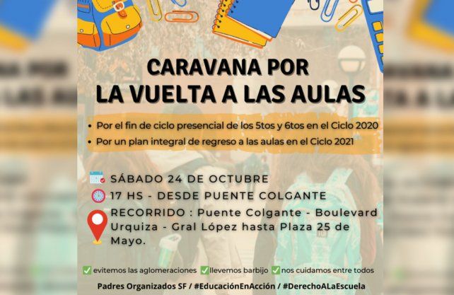 Caravana por la vuelta a clases. Será este sábado desde las 17 y en pedido de la finalización presencial del ciclo 2020 para los 5tos y 6tos años.