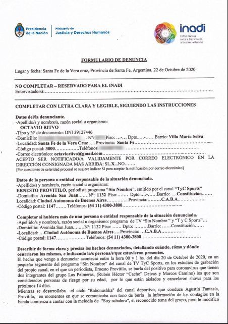 La denuncia completa presentada en el Inadi por Octavio Ritvo.