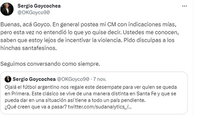 Sergio Goycochea se disculp&oacute; con los hinchas de Col&oacute;n y Uni&oacute;n y responsabiliz&oacute; a su CM.