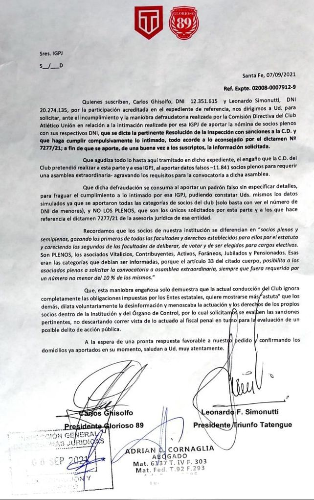 La presentación que realizaron a la IGPJ, Triunfo Tatengue y Glorioso 89, sectores opositores en Unión. 