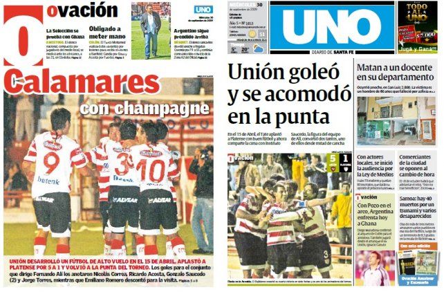 La tapa de Diario UNO y el suplemento Ovación de la última victoria de Unión ante Platense en el 15 de Abril