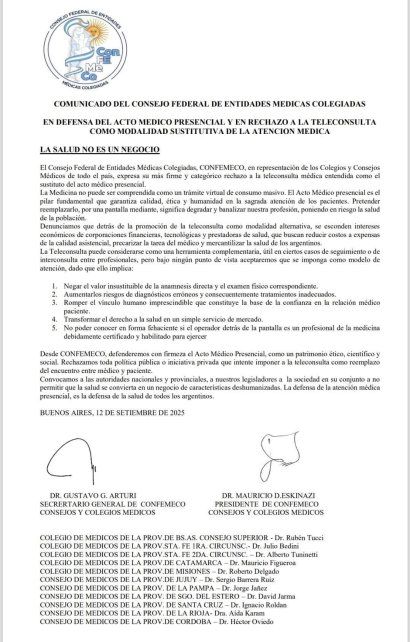 El comunicado emitido por el Consejo Federal de Entidades Médicas Colegiadas, Confemeco, en representación de los Colegios y Consejos Médicos de todo el país