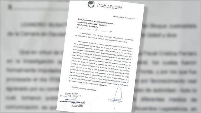 La nota presentada por el diputado Leandro Busatto ante la Comisión de Acuerdos para pedir que se aboque a investigar la conducta de la fiscal Cristina Ferraro.