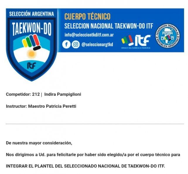 La citaci&oacute;n oficial de la Selecci&oacute;n Argentina de Taekwondo para Indira Pampiglioni de cara al Mundial de Finlandia