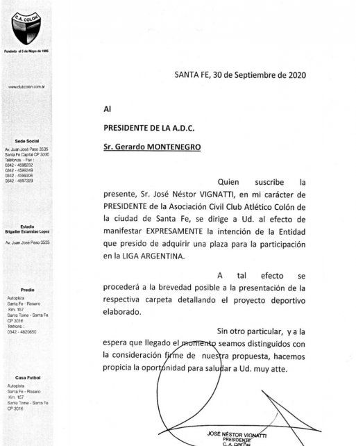La carta enviada por Colón en la AdC para jugar la Liga Argentina de Básquet.