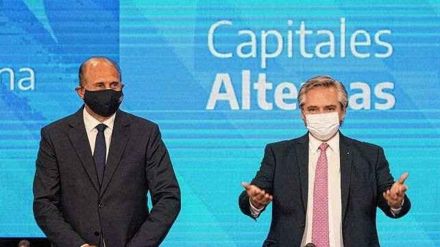 El gobernador Omar Perotti con el presidente Alberto Fernández, este mediodía.