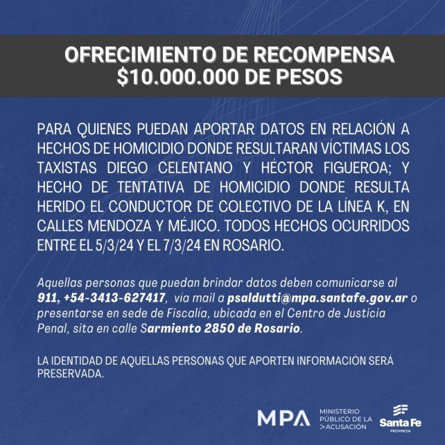 La recompensa que pone a disposición el gobierno de Santa FE sobre información de los crímenes de los taxistas y el ataque al colectivero