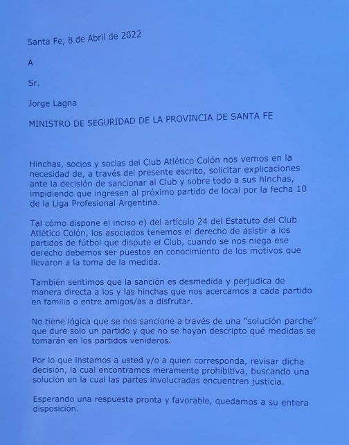 La nota presentada por los hinchas de Colón al Ministro de Seguridad. 