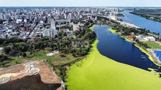 Foto aérea del lago del Parque del Sur en gran parte cubierto de vegetación.