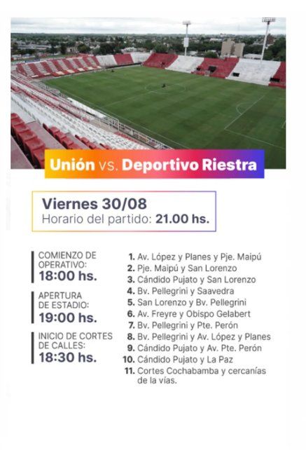 El detalle de los cortes de tr&aacute;nsito para el partido entre Uni&oacute;n y Riestra.