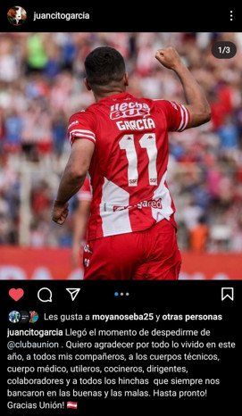En sus redes sociales, Juan Manuel García se despidió del mundo Unión, antes de aterrizar en Newell