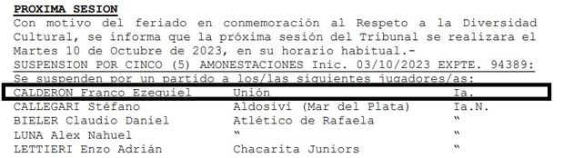 La AFA confirm&oacute; la fecha de suspensi&oacute;n en Uni&oacute;n para Franco Calder&oacute;n por l&iacute;mite de amarillas.
