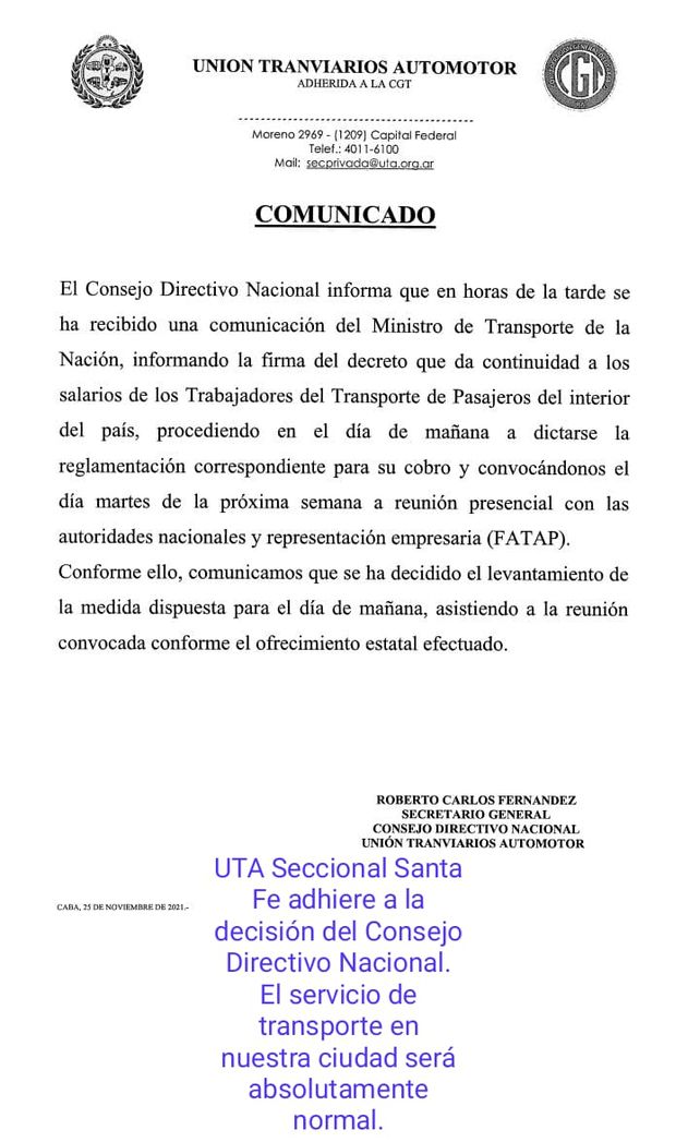 El comunicado oficial de UTA dando cuenta que se levanta el paro de colectivos de este viernes