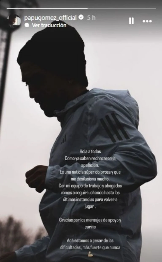 "Vamos a seguir luchando", public&oacute; Papu G&oacute;mez.