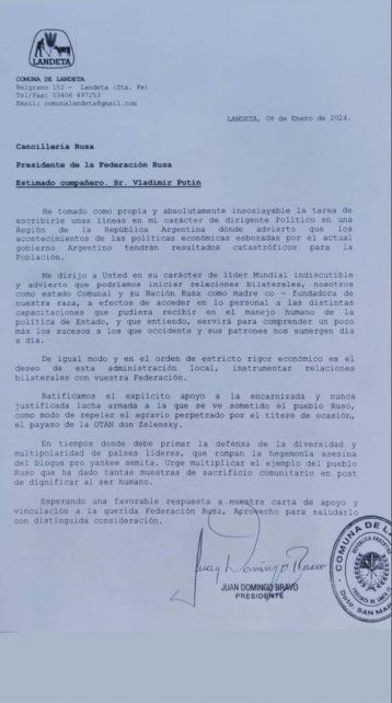 La carta completa del presidente comunal de Landeta a Vladimir Putin